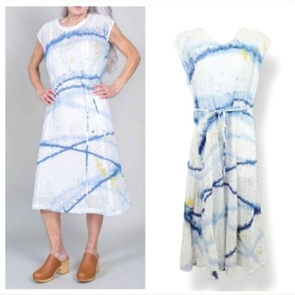 NEW Raquel Allegra Alice Eyelet Shift Dress in Blue Watercolor US Size Small 4/6 - Picture 7 of 13